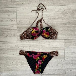 Victoria’s Secret Leopard and Floral Halter Top (36B) and Bottom(M) Bikini Set.